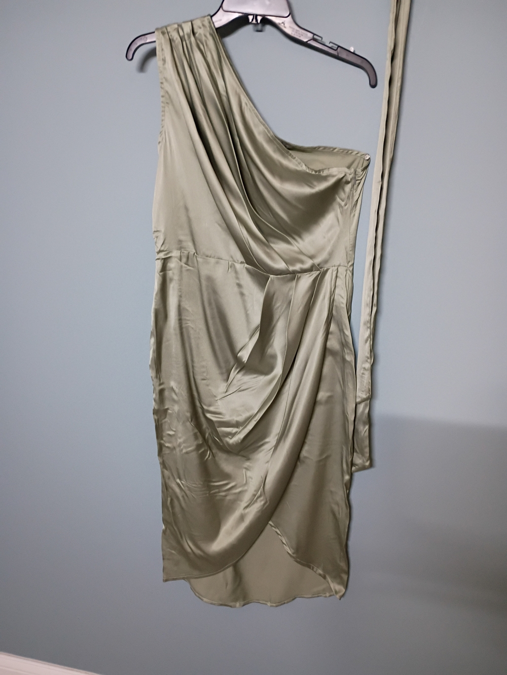One-Shoulder Draped Satin Dress in Sage Green